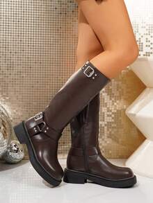 女款及膝骑士靴秋冬美式甜美酷炫风棕色厚底机车靴纯色朋克皮带扣靴棕色 - 棕色 - 查看 7