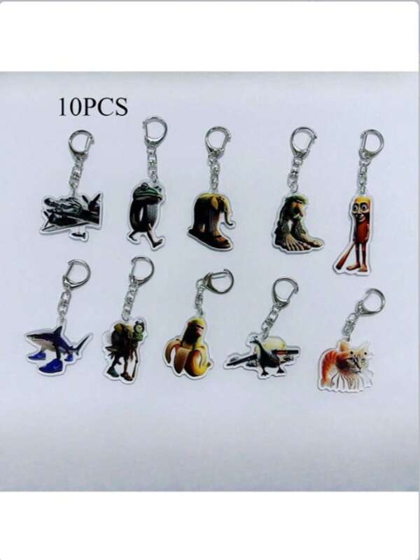 10pcs Cartoon Animal Keychain Creative Brainrot Sigmas Skibidi Rizz Cat Funny Keyring Accessories, Fans Gift School