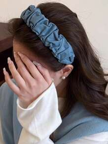 2 peças Headbands de Denim Plissados de Borda Larga de Cor Sólida e Elegante para Mulheres, Acessórios Versáteis de Coroa Alta, Adequados para Decorar Penteados, Passeios Diários, Estilo Boêmio, Elegante, Faixa de Cabelo para Mulheres, Acessórios de Cabelo, Tiara de Cabelo