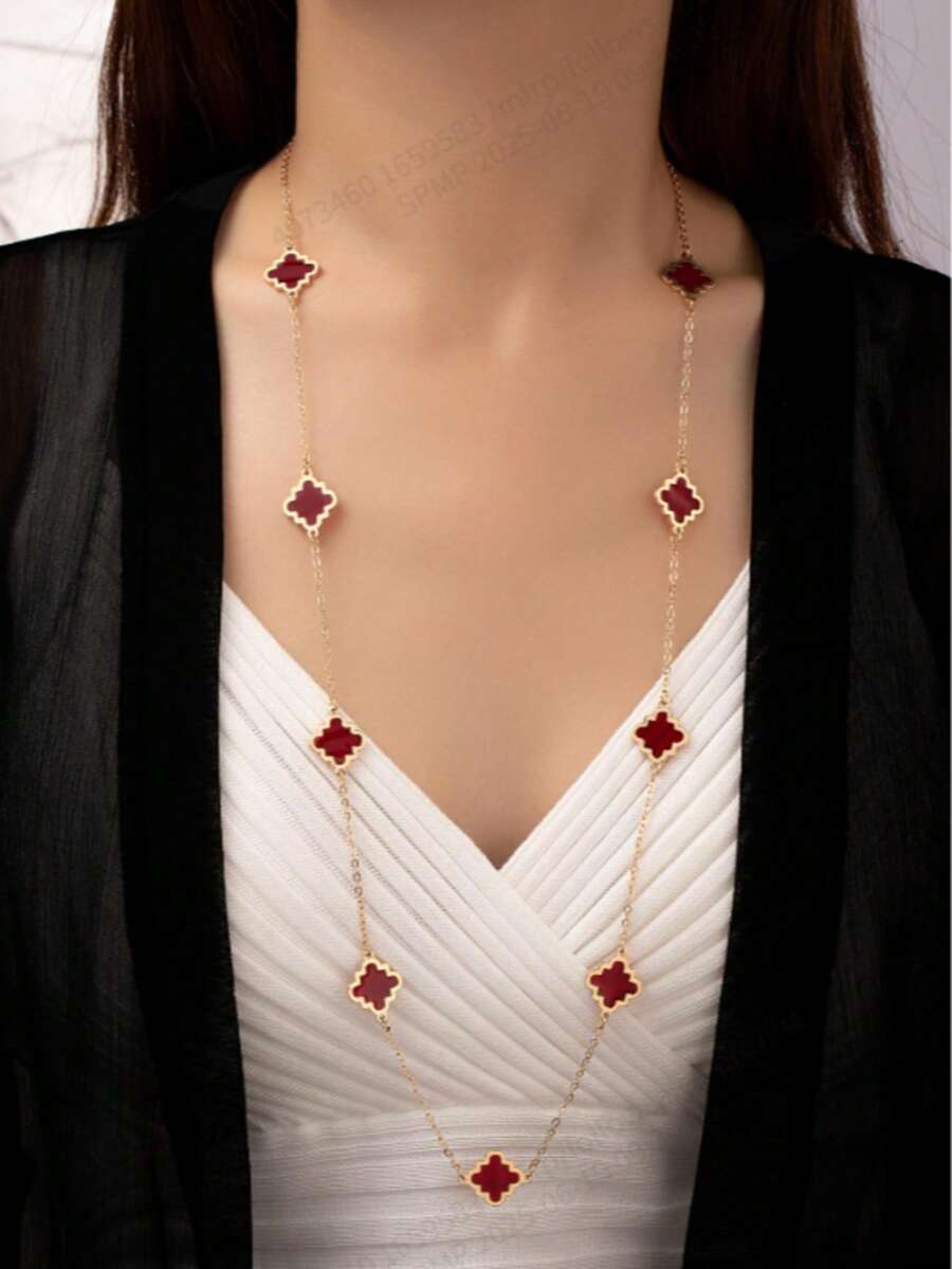 1 pieza Collar largo con colgante de flor esmaltada para mujer, versátil para usar con ropa de calle y suéteres - Rojo - Ver 1