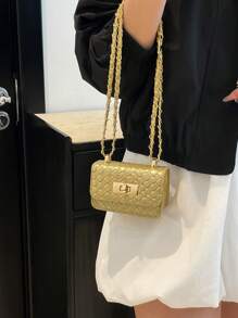 Mini bolso cuadrado, textura trenzada, costura acolchada, nuevo bolso de mujer, bolso de hombro con patrón de rombos de alta calidad, bolso bandolera con cadena trenzada, bolso cruzado con solapa para lápiz labial, accesorio de bolso de mujer lindo