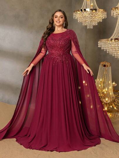 Faeriesty Curve Plus Luksusowa, koronkowa, cekinowa suknia wieczorowa z szyfonu z luźnymi rękawami typu peleryna – dopasowany gorset z kaskadowym połyskiem na luksusowe bankiety i ekskluzywne gale charytatywne