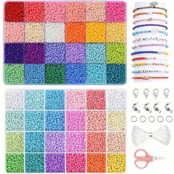 Aproximadamente 5760 cuentas de vidrio de 3mm, kit para hacer pulseras, incluye tijeras, hilo para abalorios, accesorios, para hacer pulseras de la amistad DIY, collares, pendientes, anillos, bordado de cruz, manualidades, regalos (colores aleatorios)