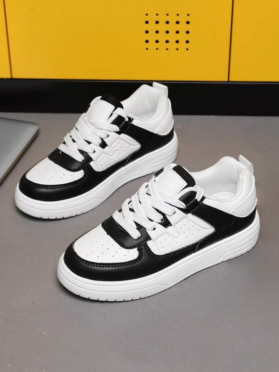 Boys And Girls Casual College Style All-Season Non-Slip Breathable Comfortable Lightweight Versatile Refreshing Low-Top Student Children's Shoes Sports Running Shoes - Đen và trắng - Xem 1