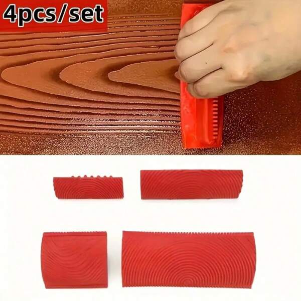 Set de 4 piezas de herramienta de brocha con rodillo de goma con textura de madera, para bricolaje, papel tapiz y pintura, decoración del hogar y grabado artístico, cepillos manuales sin electricidad, ArtPro textura sintética de madera.
