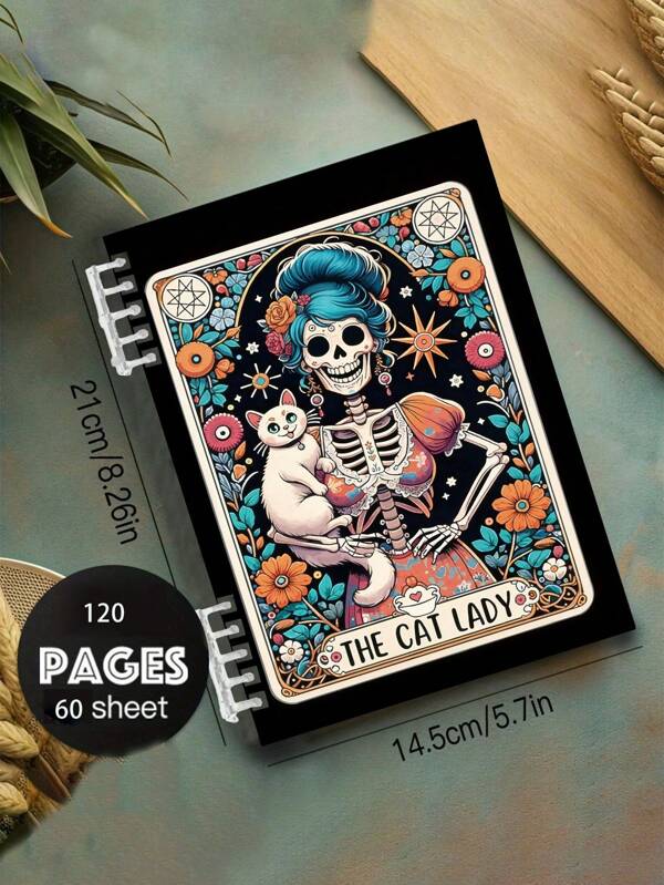 1pc A5 Cat Tarot Spiral Notebook - 120 Pages Lined Inner Pages, PP Cover With Gothic Witch Design With Skeleton And Cat, Black & White Checkered Dress Line Journal, Student Classroom Notepad, Suitable For Back To School Season, New Semester, Office Supplies