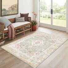 可机洗区域地毯，防滑客厅厨房卧室入口地毯，复古波西米亚风花卉图案，短绒，柔软，粉色和浅绿色