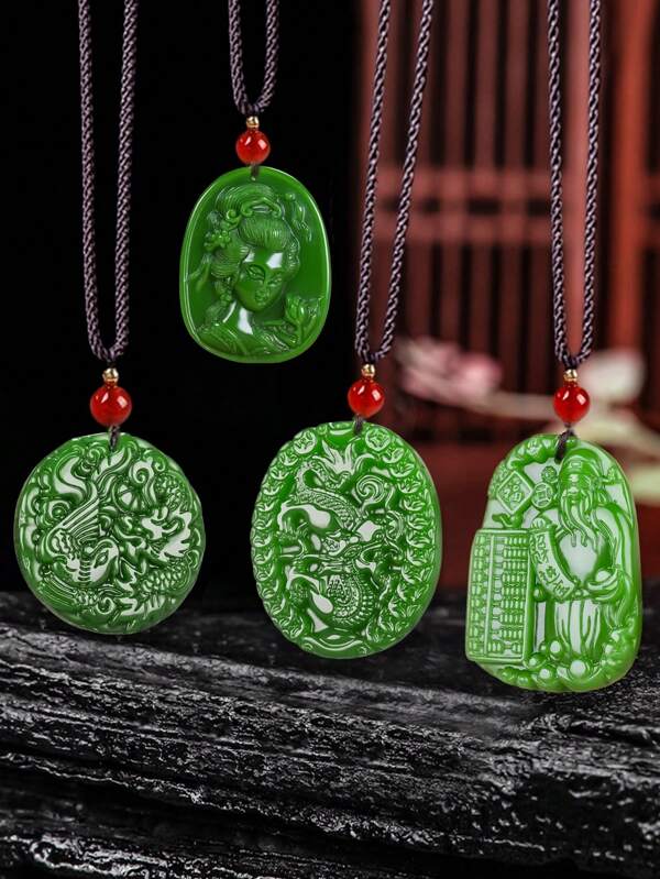 Colar com pingente de dragão do zodíaco em jade verde natural, amuleto de riqueza Feng Shui, pingente de jade vintage, adequado para casais, pode ser usado diariamente (com cordão)