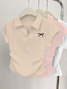 3pcs Women's Casual Fitted Butterfly Print Detail Minimalist Plain Color Pleated Polo Collar Short Sleeve T-Shirt Set - Apricot, Pink and White - View 1