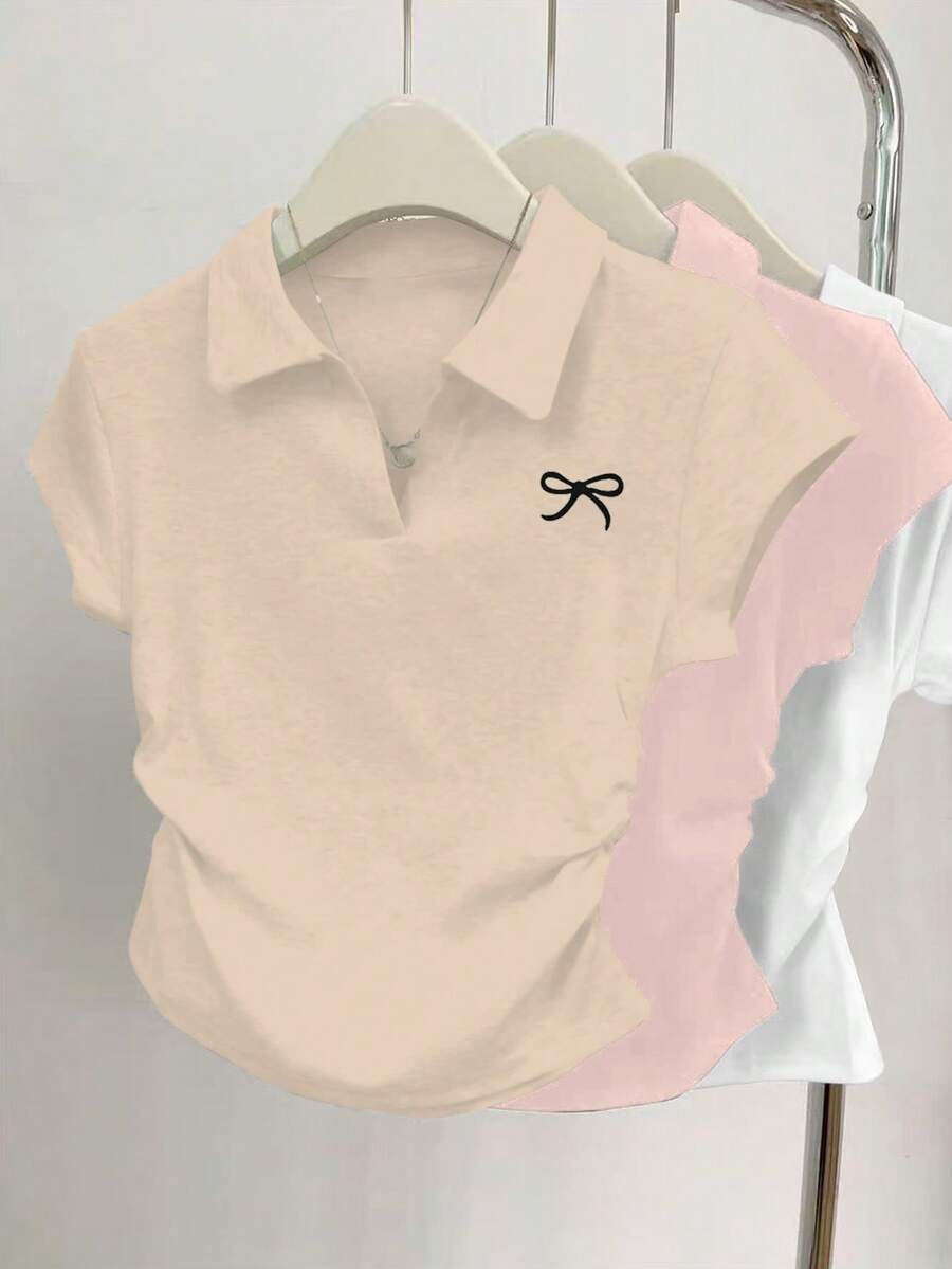 3pcs Women's Casual Fitted Butterfly Print Detail Minimalist Plain Color Pleated Polo Collar Short Sleeve T-Shirt Set - Apricot, Pink and White - View 1