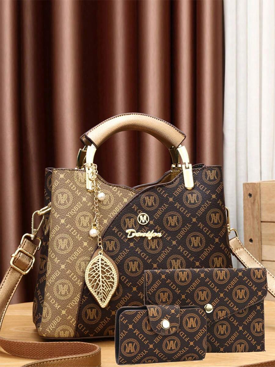 3 件套优雅女士手提包套装，几何印花仿皮手提包，配配套手拿包和钱包，金色金属配件，磁扣，仿皮衬里，仿皮边缘 - 金色 - 查看 1