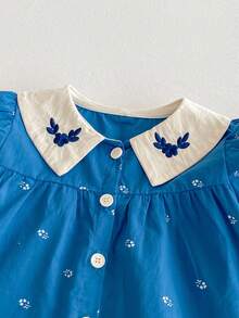 Baby Girl Ditsy Floral Embroidery Collar Ruffle Sleeve Top & Shorts 2 Pieces Set, Summer - 藍色 - 查看 4