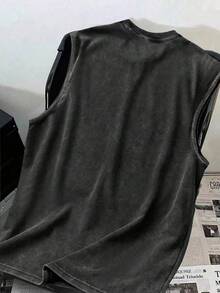 男士休闲宽松卡通图案水洗背心，舒适适合日常穿着和居家休闲，夏季简约风格 - 黑色 - 查看 3