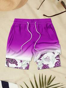 Plus Size Men's Turtle Pattern Printed Double-Layer Beach Shorts - Purple - View 2