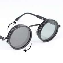 Round Glasses ND9 Adjustable Dimming Glasses Men Women Retro Punk Men's Fishing Outdoor Glasses - 黑色 - 查看 3