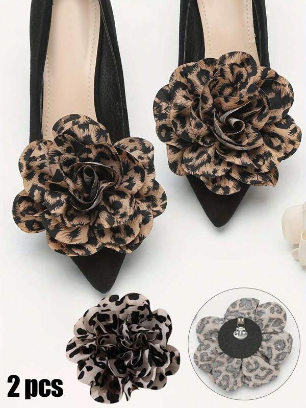 Decoración de zapatos de mujer con estampado de leopardo a la moda, adecuado para zapatos de tacón alto y planos como decoraciones exquisitas, flores con estampado de leopardo de tela de temperamento retro de varias capas, con clips para zapatos, apropiado para todo tipo de decoración de zapatos, decoración de temperamento
