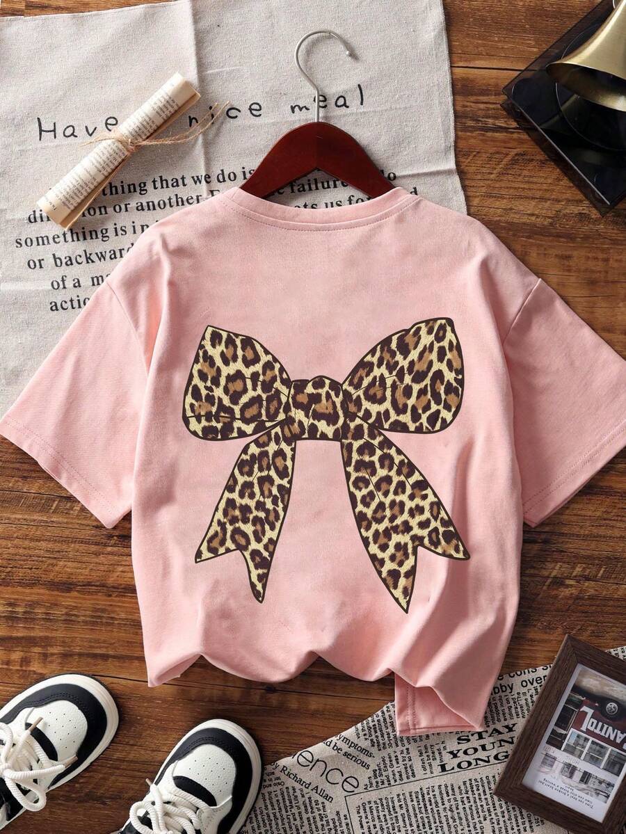 1 件女童猎豹蝴蝶结印花短袖圆领 T 恤，舒适时尚夏季上衣，适合年轻女学生
