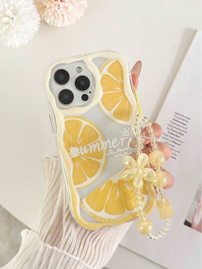 Cream Textured Wave Edged Glossy Orange Painted Anti-Drop Protective Phone Case With Handmade Beaded Flower Bracelet Accessory, Compatible With IPhone 16/11/16pro/16plus/16promax/16e/15Promax/13/14/12/XS/XR/7G/8P, Compatible With Samsung Galaxy S25/S25PLUS/S25 Ultra