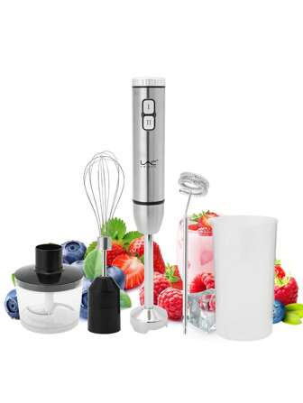 LAC 1pc Multi-Functional 5-In-1 EU Plug Electric Blender Set, Include Blender Stick, Whisk, Dual Containers, Full Stainless Steel Body, LED Light, 2-Speed Adjustable For Fast Food Processing, Vegetables, Meat Grinding, Whipping