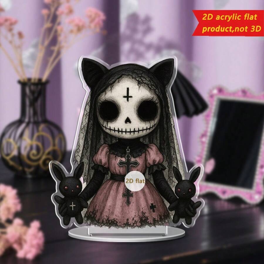 1 pieza Decoración de escritorio de muñeca de horror gótico 2D de acrílico, diseño plano 2D único con cabello rosa, calavera blanca, rosa negra y atuendo delicado, adecuado para Halloween, bares, cafeterías o regalos para amigos