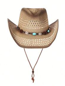 1Pcs Unisex Bead Decor Dyeing Wide Brim Printed Cowgirl Hat Summer Travel Shade Cowboy Hat Hollow Out Breathable With Beaded Trim Band Hand Woven Beach Hat Sun Hat Straw Hat - 卡其色 - 查看 2