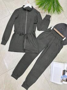 Women's Set Of Stretch Fabric Pants With Pocket - 深灰色 - 查看 1