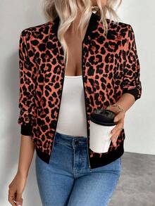 Keke Bloomly 最新款豹纹女式飞行员夹克，金属拉链，棒球领，长袖，常规版型，轻便时尚，适合通勤、度假等各种场合。