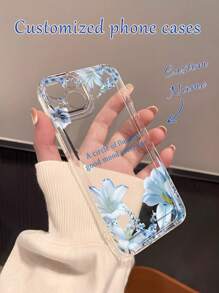 1pc Custom Text Mobile Phone Case, Fashionable Blue Lily Flower Pattern Soft Transparent TPU Full Coverage Anti-Slip Case For IPhone 16 Pro Max/15 Pro/14 Plus/13 Pro/12 Pro Max/11/XS Max/8/7 Phone Accessories