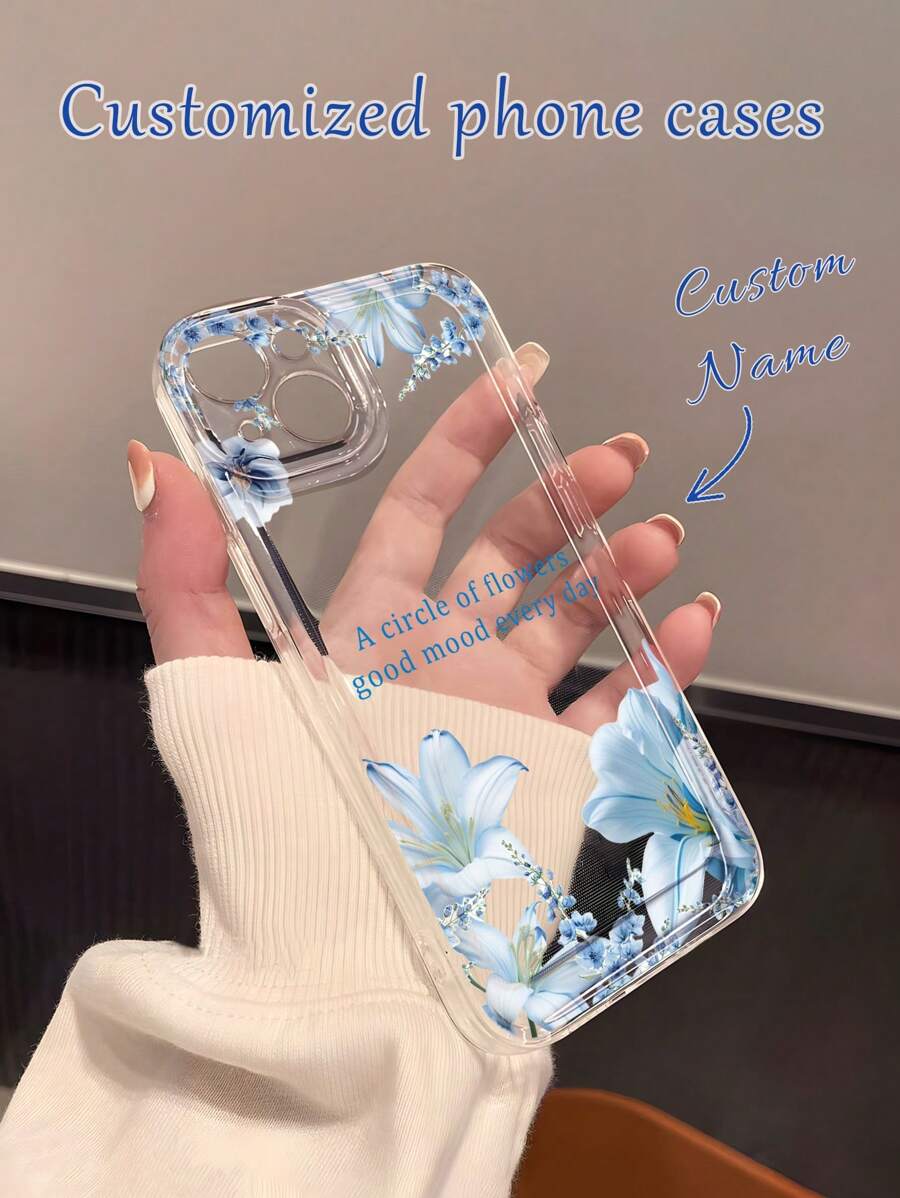 1pc Custom Text Mobile Phone Case, Fashionable Blue Lily Flower Pattern Soft Transparent TPU Full Coverage Anti-Slip Case For IPhone 16 Pro Max/15 Pro/14 Plus/13 Pro/12 Pro Max/11/XS Max/8/7 Phone Accessories