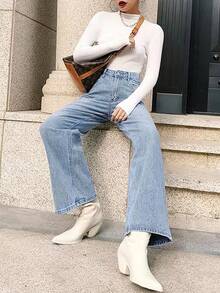 HDLTE Women Ripped Boyfriends Jeans Distressed High Waist Baggy Pants Wide Leg Straight Trousers Y2k Streetwear Pants… - Sky-blue - View 4