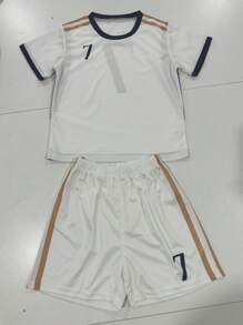 2pcs Customized Name Youth Soccer Jersey Set - Classic White #7, Round Neck Short Sleeve Shirt And Shorts, Polyester, Suitable For Sports, Training And Casual Wear, Outdoor Perfect Choice