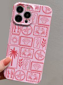 1 pieza Estuche duro para teléfono con protección completa, a prueba de agua, a prueba de golpes y resistente a los arañazos, compatible con iPhone 11/12/13/14/15/16 Pro Max, con diseño temático marino de estrella de mar rosa, concha y patrón geométrico perforado con acabado brillante