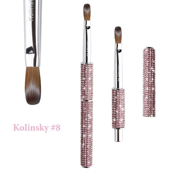 1 pieza Cepillo de uñas de Kolinsky para acrílico con mango de diamante rosa, cepillo para arte de uñas para aplicación de acrílico, herramienta profesional para extensión de uñas y manicura