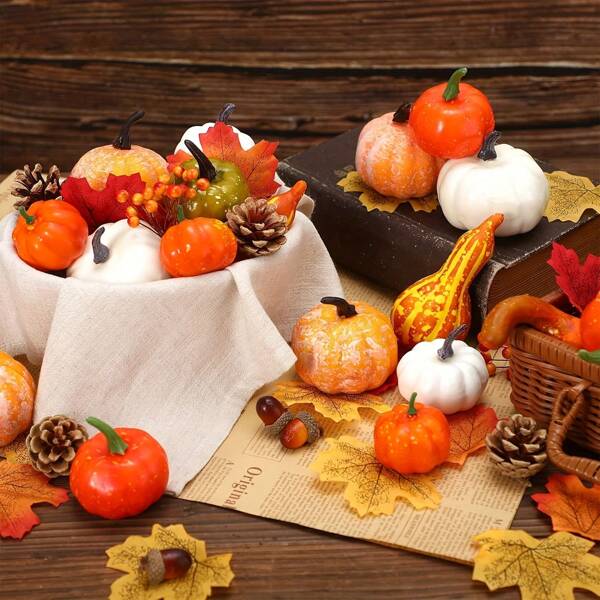 48 Pieces Fall Harvest Decor Set - Brightly Colored Artificial Pumpkins, Gourds, Acorns, Maple Leaves And - Perfect For Thanksgiving And Halloween Home Decor, Centerpieces And Wedding Embellishments, Fall Home Decor Classic Fall Designs Pinecone Details, Room, Desk, Garden Decor Supplies, Christmas Halloween Decor Fall Decor Room Decor Autumn Decor