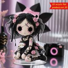 1 pieza Muñeca gótica plana y linda de acrílico para decoración de escritorio, diseño [plano 2D] único con cabello rosa, calavera blanca, rosa negra y atuendo delicado, adecuado para Halloween, bar, cafetería o regalo a amigos