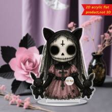 1 pieza Decoración de escritorio de muñeca de horror gótico 2D de acrílico, diseño plano 2D único con cabello rosa, calavera blanca, rosa negra y atuendo delicado, adecuado para Halloween, bares, cafeterías o regalos para amigos