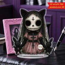 1 pieza Decoración de escritorio de muñeca de horror gótico 2D de acrílico, diseño plano 2D único con cabello rosa, calavera blanca, rosa negra y atuendo delicado, adecuado para Halloween, bares, cafeterías o regalos para amigos