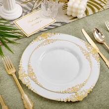 Elegant Black & Gold Rim Disposable Plates Set - Heavyweight Plastic Dinnerware For Parties & Events (102 Pieces) - Gold - View 8
