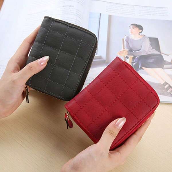 2025 New Women Small Rhombus Zipper Wallet Embroidered Leather Clutch Purse, European And American Style Mini Small Wallet, Card Holder, Wristlet Pouch