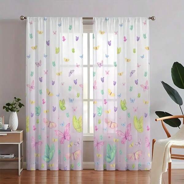 Cortinas transparentes com estampa de borboletas e flores boêmias, 2 peças, abertura superior, poliéster leve, perfeitas para decoração de cozinha, sala de estar, quarto, varanda e jardim, cortinas para sala de estar
