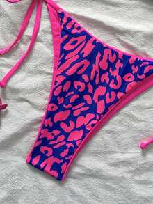 2件套女士豹纹细肩带系带性感比基尼套装，适合海滩度假和万圣节穿着，2025年夏季款 - 玫紅藍 - 查看 6