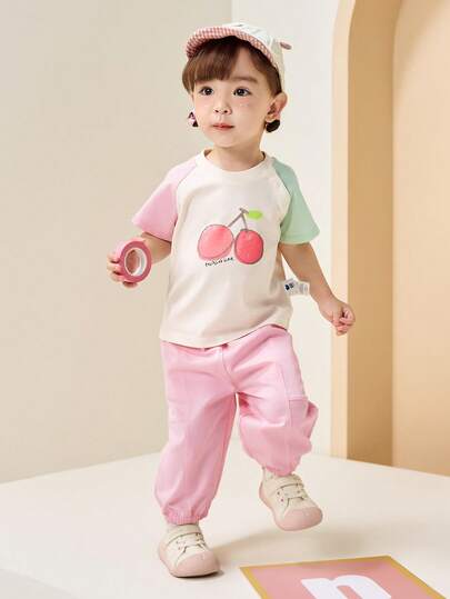 mini bala Baby Girl' Cooling Antibacterial Set, Short-Sleeve Top And Long Pants For Summer
