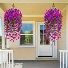 2 UV Protective Morning Glory And Eucalyptus Hanging Flowers - Bright Pink, Purple, Yellow Artificial Plants For Outdoor,Home, Office And Garden Decoration -Perfect For Holidays, Mother's Day And Year-Round Use