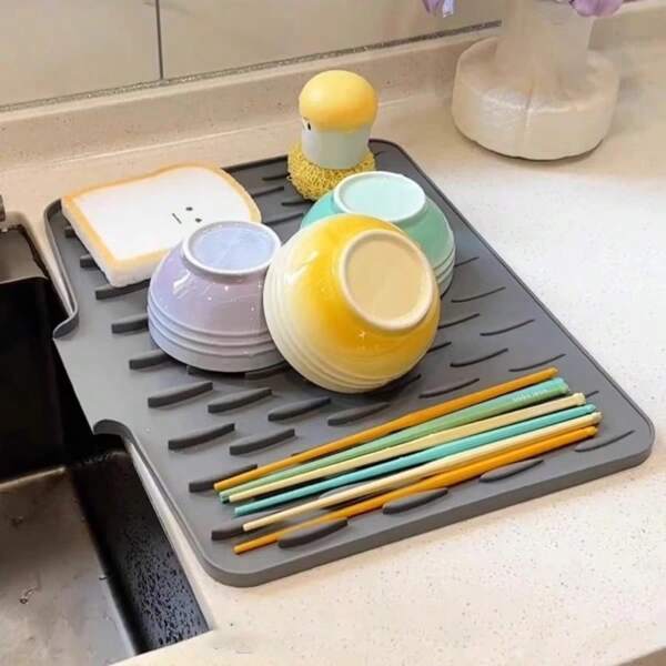 1PC Foldable Draining Pad For Plates, Silicone Drying Pads For Glasses And Tableware, Heat-Resistant And Suitable For Dishwasher Cleaning, A Grey Kitchen Accessory, For Efficient Drainage, Very Suitable For Christmas Use