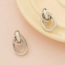 1pair Fashionable Rhodium Tone Metal Multi-Turn Knotted Design Stud Earrings For Women, Double Hoop Studs, Statement Dangling Earrings, Unique Earrings Anniversary Gift For Wife