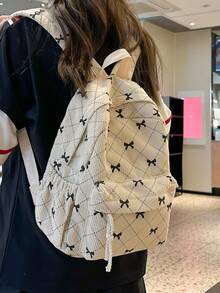 1 pieza Mochila linda con compartimento para portátil y lazo de estilo preppy, mochila escolar de gran capacidad con correas ajustables, mochila multifuncional para uso diario/vacaciones/vuelta al colegio, ideal para niñas/universitarias/graduadas. - Beis - Ver 8