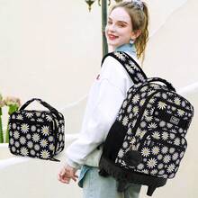女孩带午餐盒的拉杆背包，防水带轮书包，适合大学生、青少年、儿童 - 黑色菊花