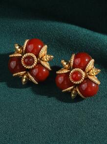 2pcs Vintage Antique Bronze Plated 18K Gold Clover Faux Agate Glass Pearl Green Turquoise Beaded Dangle Earrings