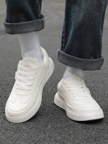 Tênis de Skate de Cano Baixo Masculino - Branco, Design de Moda, Cadarço, Palmilha Confortável de Tecido, Solado MD Durável, Bico Arredondado para Uso Casual, Adequado para Calçado Esportivo em Todas as Estações