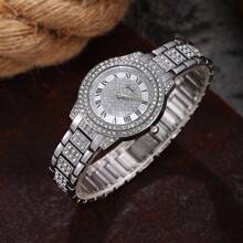 1 pieza Reloj pulsera con diamantes de cuarzo, brillante, elegante, para mujer, en color oro/plata para fiesta